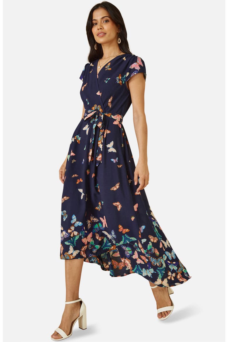 Butterfly Print Dip Hem Midi Wrap Dress, Alternate, color, Navy