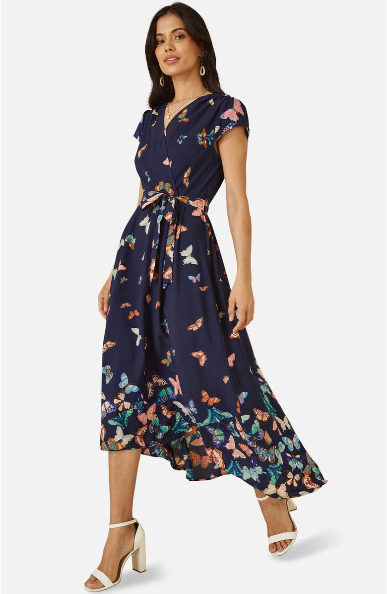 Yumi Butterfly Print Dip Hem Midi Wrap Dress, Alternate, color, Navy
