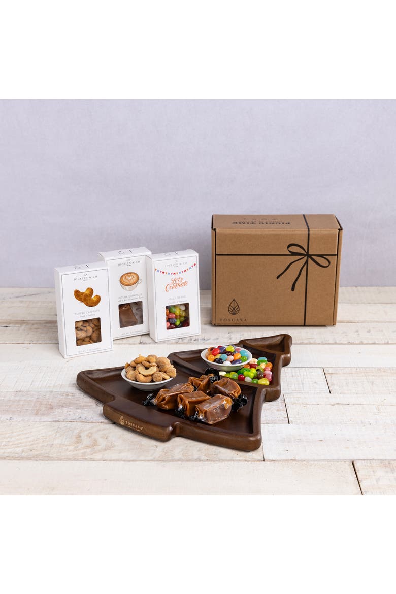 Christmas Tree Serving Tray with Gourmet Gift Pack, Alternate, color, Stained Parawood
