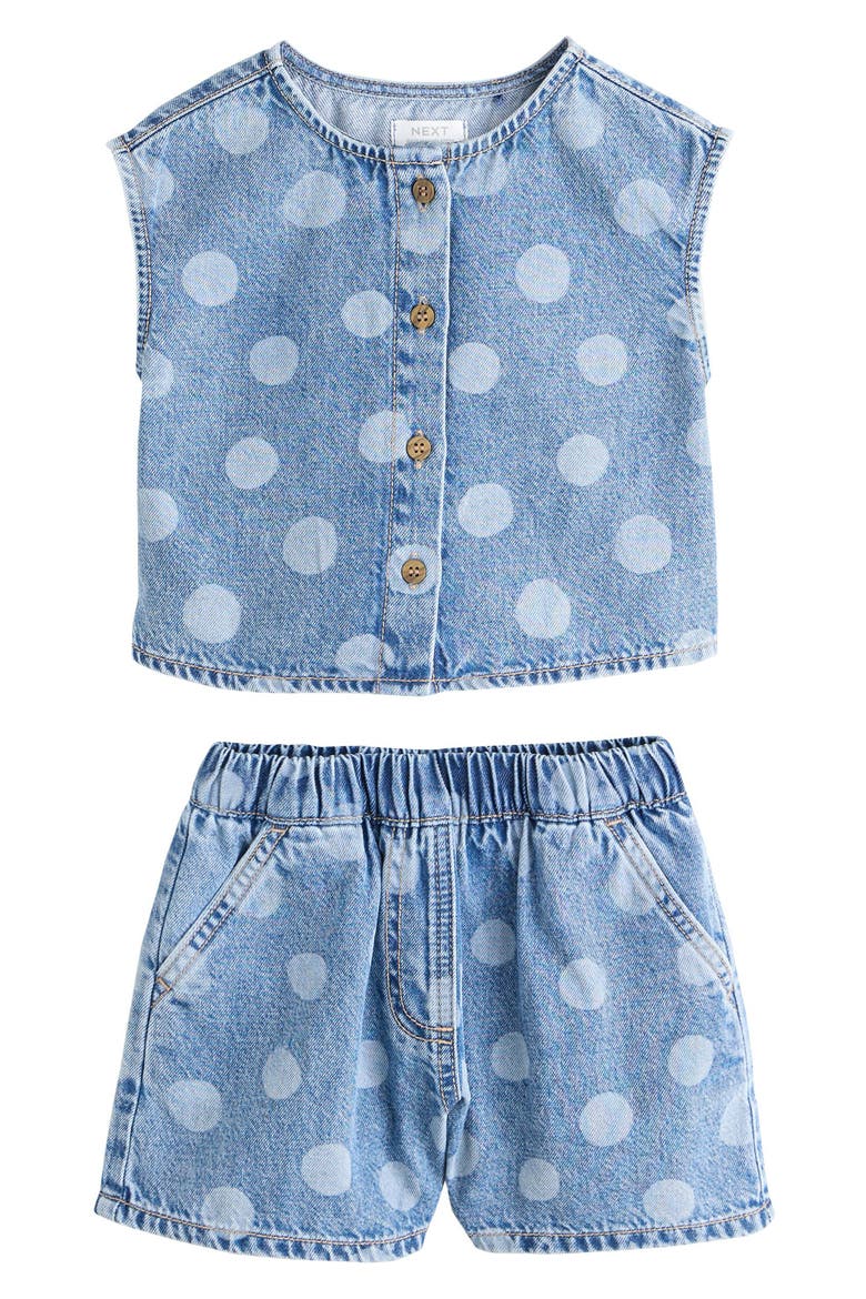 Kids' Polka Dot Tank & Denim Shorts Set, Main, color, BLUE