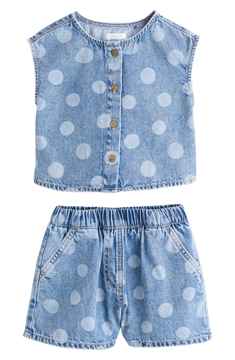 NEXT Kids' Polka Dot Tank & Denim Shorts Set, Main, color, Blue