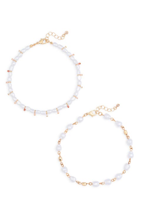 Set of 2 Faux Pearl Anklets