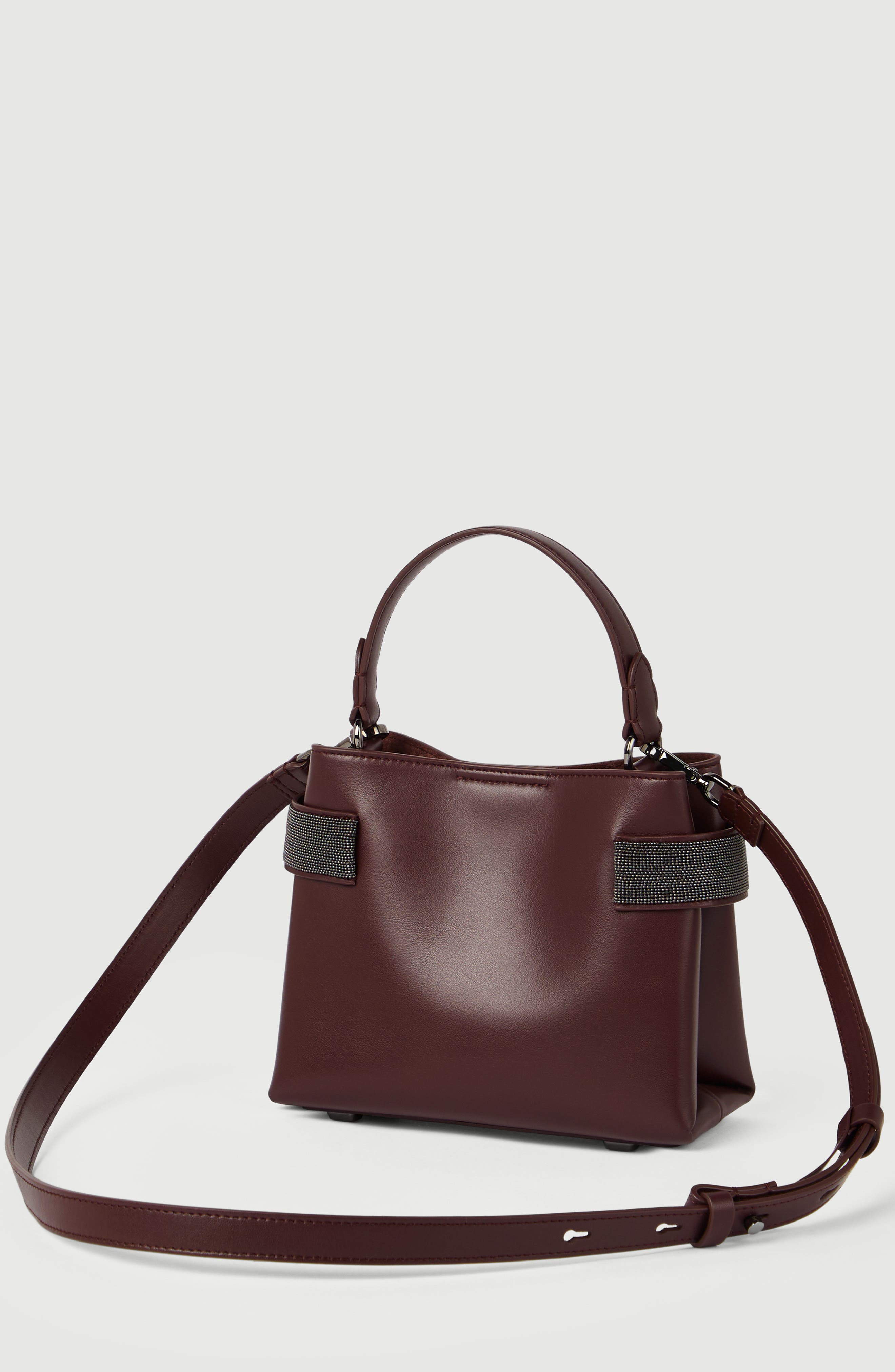 Essence small top-handle bag in calfskin with precious bands, Alternate, color, Burgundy
