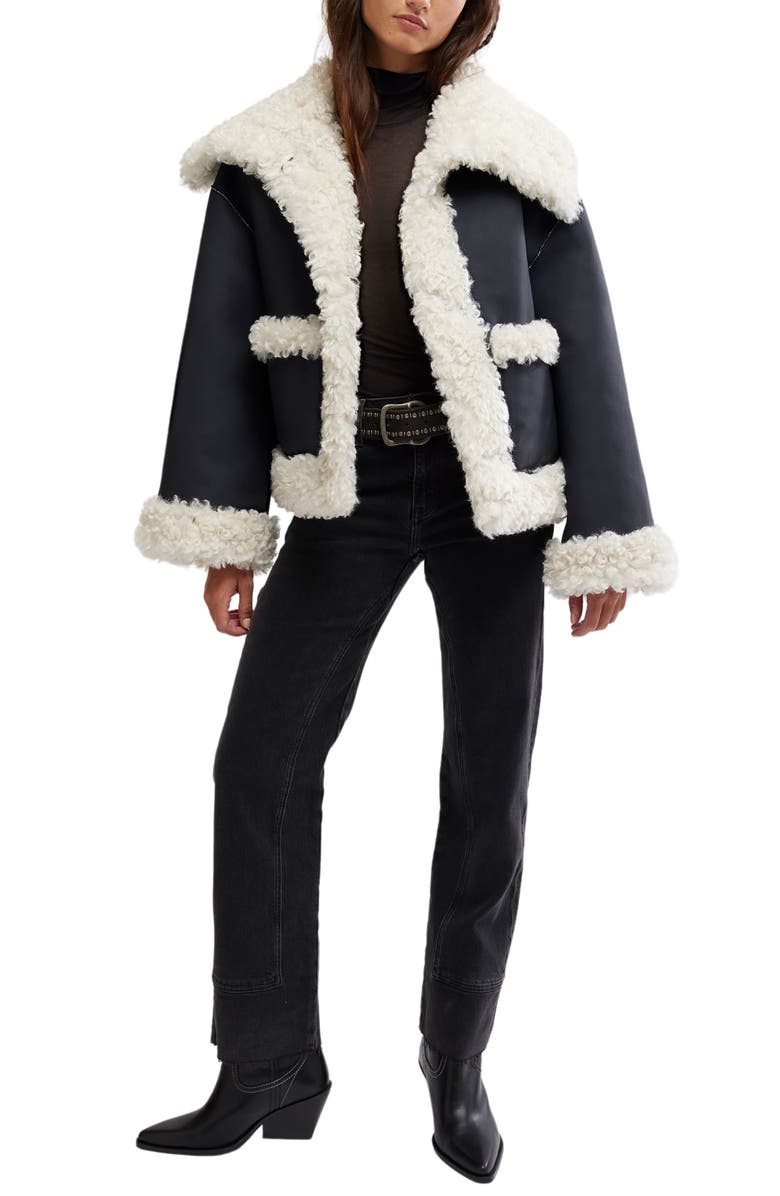 Free People Kiki Faux Leather Jacket with High Pile Fleece Trim, Alternate, color, Black Combo