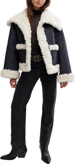 Kiki Faux Leather Jacket with High Pile Fleece Trim