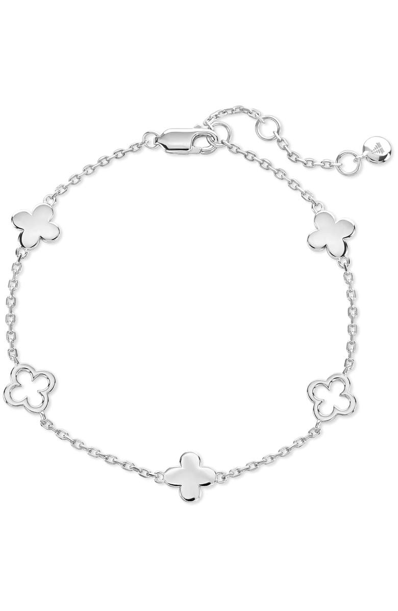 DEVATA Clover Five-Charm Chain Bracelet in Rhodium Plated Sterling Silver, Main, color, Silver