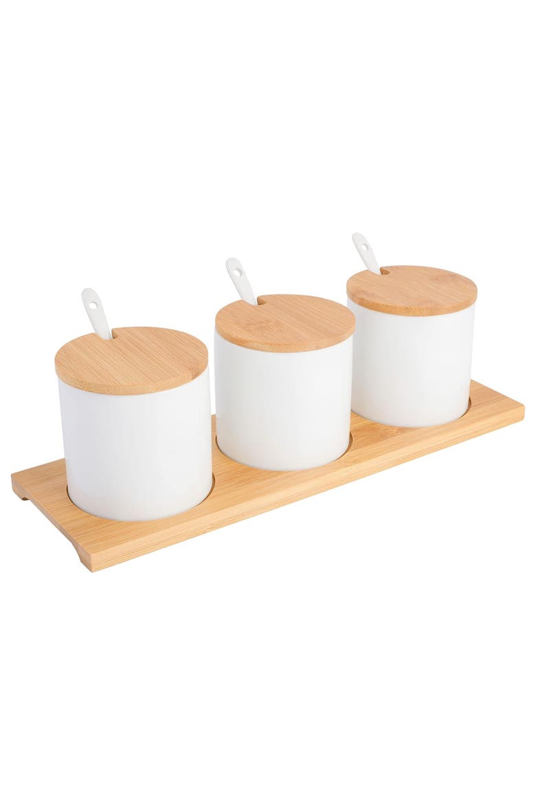 Gracious Dining 10 Piece Fine Ceramic Condiment Jars with Lids and Spoons, Main, color, White