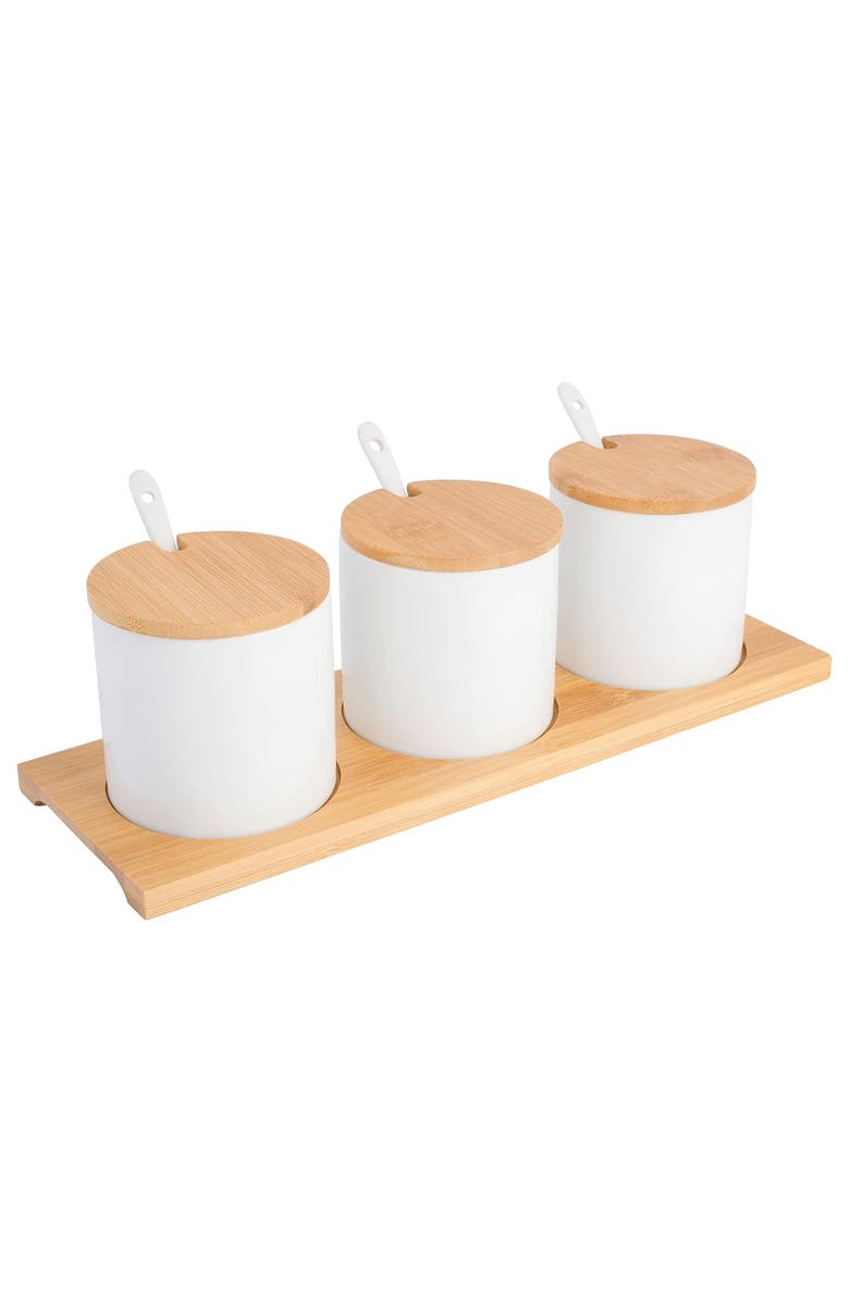 Gibson Gracious Dining 10 Piece Fine Ceramic Condiment Jars with Lids and Spoons, Main, color, White