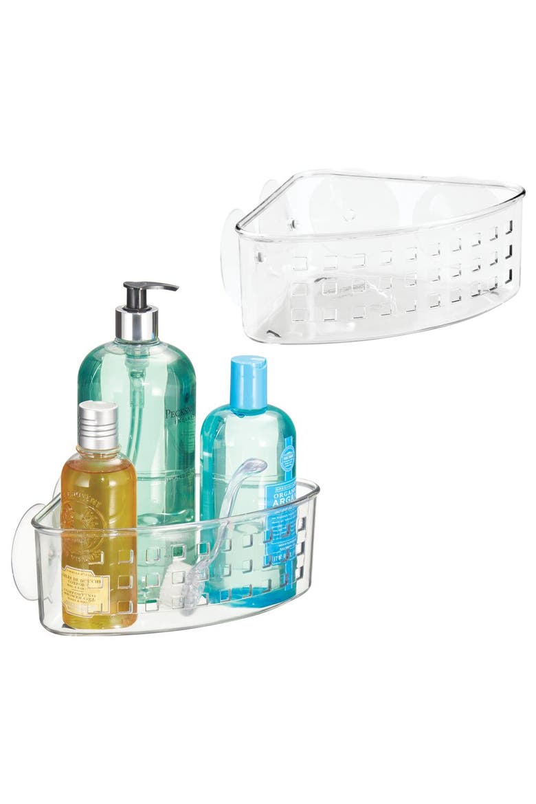 iDesign Plastic Suction Cup Corner Shower Basket for Bathroom Storage, Set of 2, Clear, Main, color, Clear