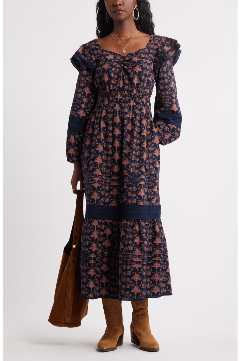 Double Ruffle Long Sleeve Maxi Dress, Alternate, color, NAVY- PINK PALM GEO