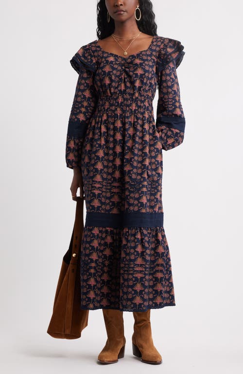 Treasure & Bond Double Ruffle Long Sleeve Maxi Dress In Brown