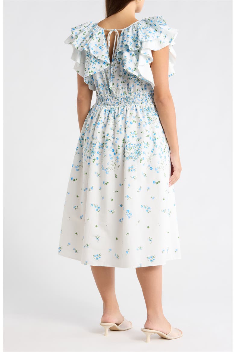 Floral Ruffle Flutter Sleeve Cotton Midi Dress, Alternate, color, WHITE BLUE GREEN
