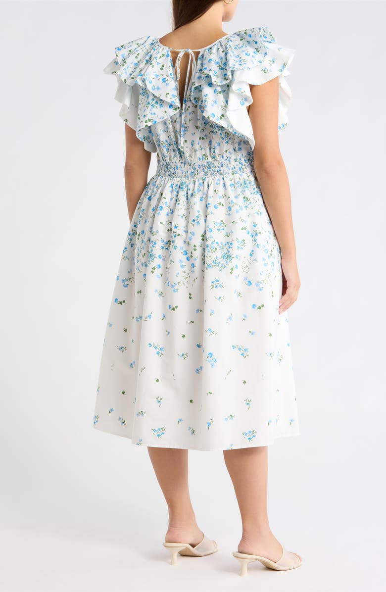 SUGARLIPS Floral Ruffle Flutter Sleeve Cotton Midi Dress, Alternate, color, White Blue Green