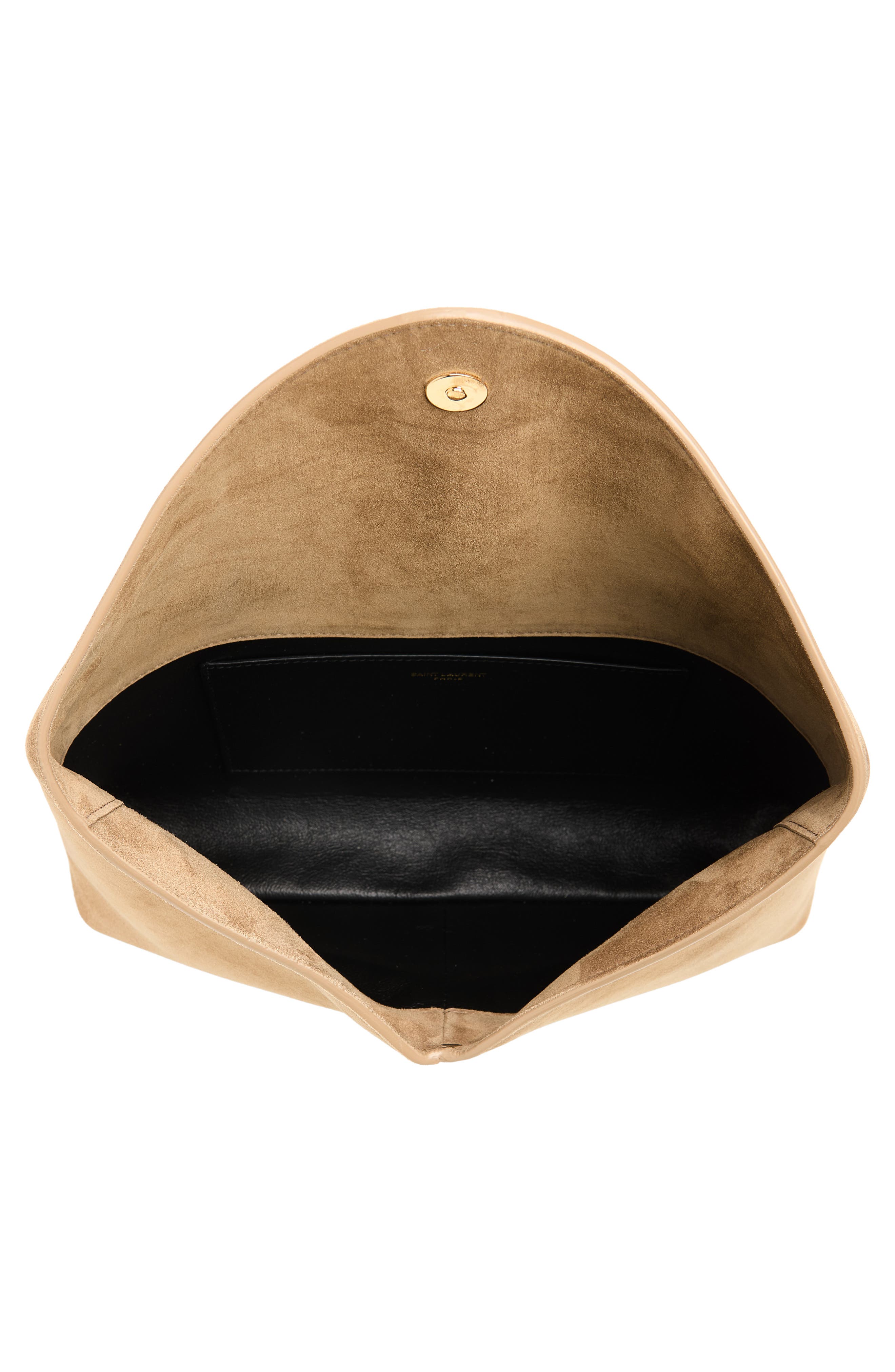 Saint Laurent Large Cassandre Suede Envelope Clutch, Alternate, color, Light Cumin