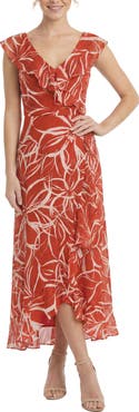 London Times Ruffle Faux Wrap Maxi Dress