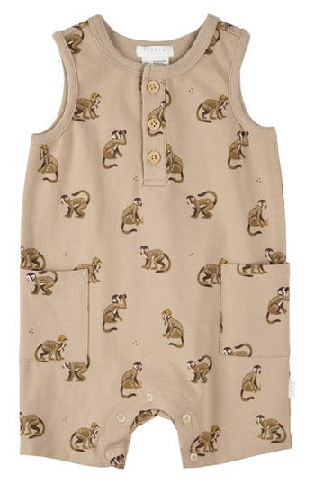 Firsts By Petit Lem Monkey Print Cotton Henley Romper In Brown