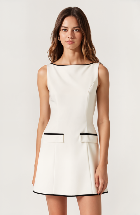 Sleeveless A-Line Mini Dress with Contrast Trim and Faux Pockets