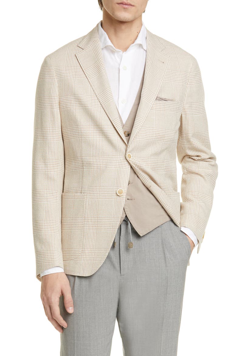 Trim Fit Tonal Plaid Sport Coat, Main, color, SAND