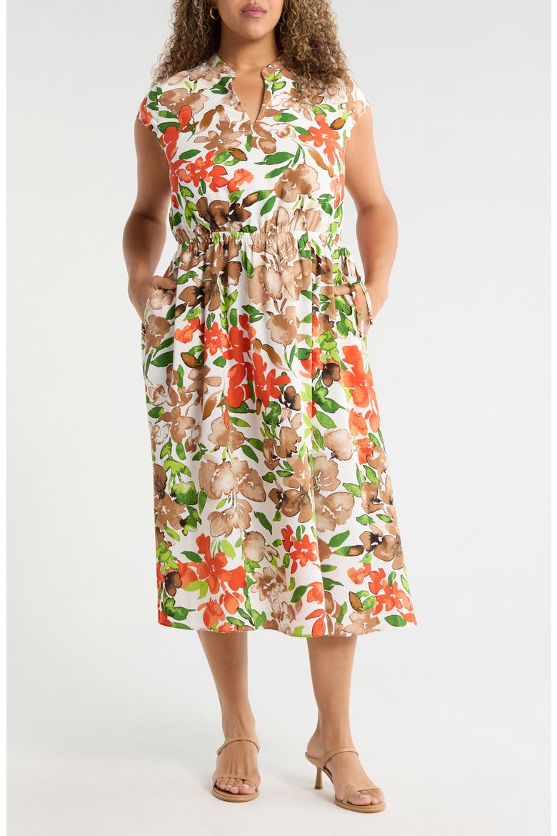 Floral Print Drawstring Midi Dress, Main, color, VANILLA ICE MULTI