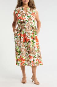 KASPER Floral Print Drawstring Midi Dress