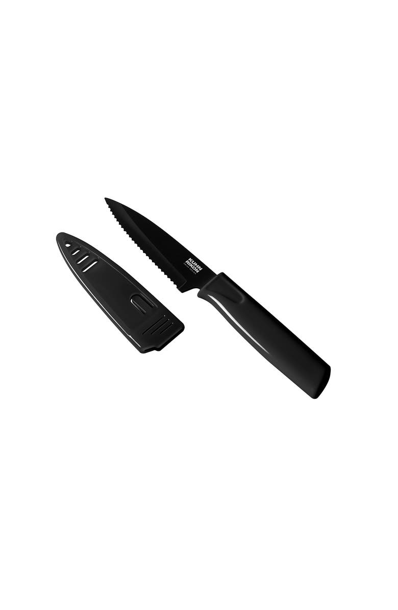 Kuhn Rikon Colori Non-Stick Serrated Paring Knife with Safety Sheath, 4 inch, Main, color, Black
