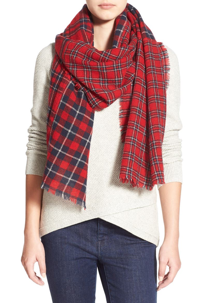 Patchwork Plaid Scarf, Main, color, FLAME RED