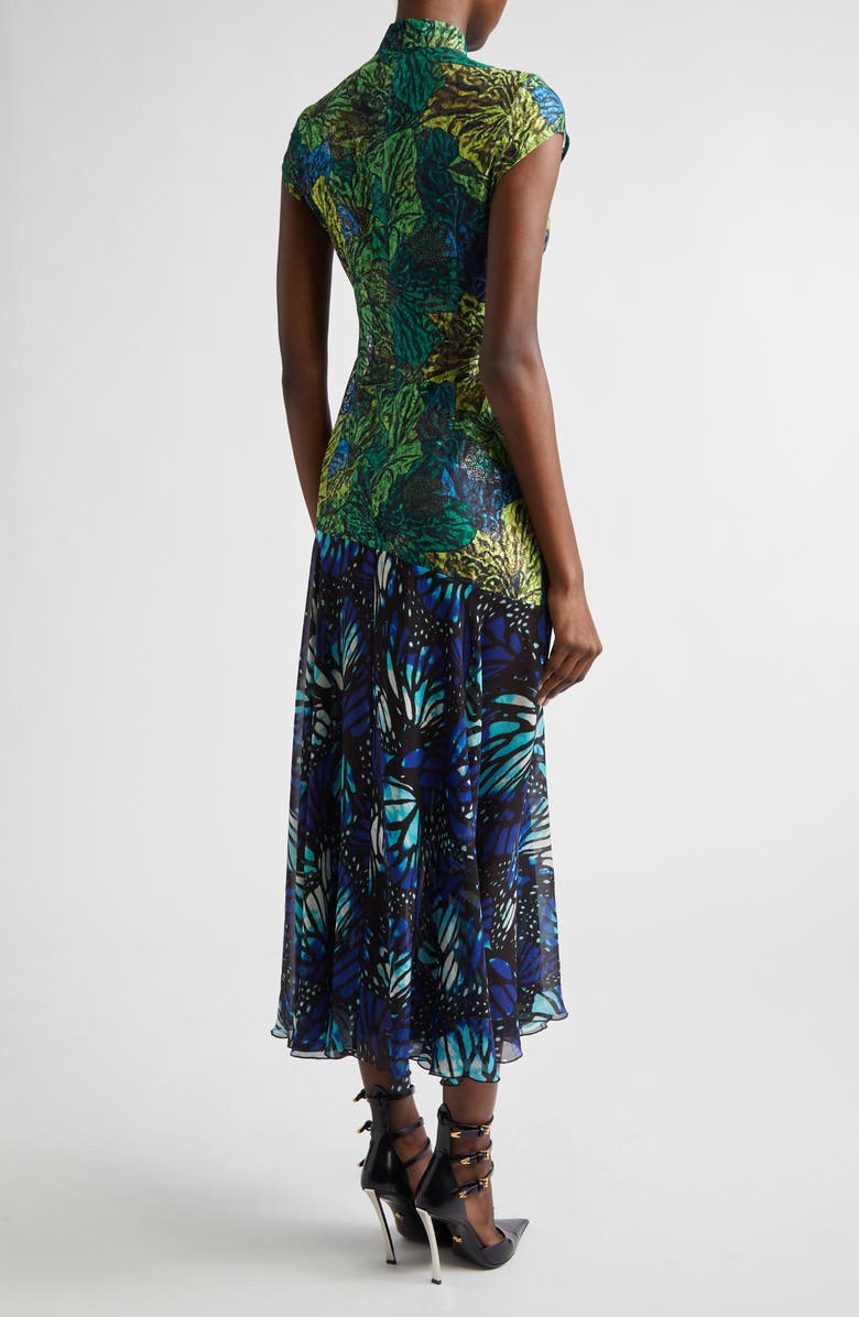 KIM SHUI Butterfly Print Lace & Silk Chiffon Plunge Neck Dress, Alternate, color, Green