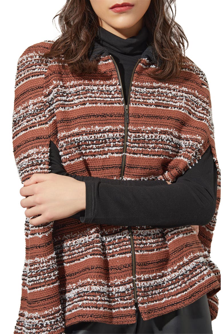 Collared Zip Front Cozy Knit Cape, Alternate, color, CHESTNUT/ BLACK/ IVORY