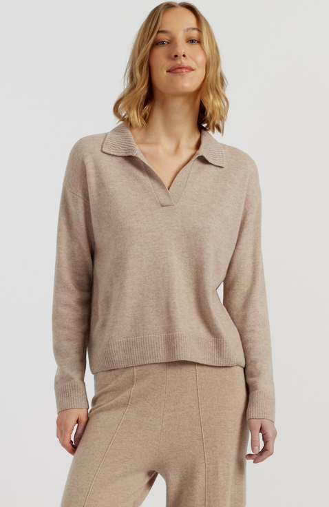 Wool Cashmere Blend V Neck Collared Sweater