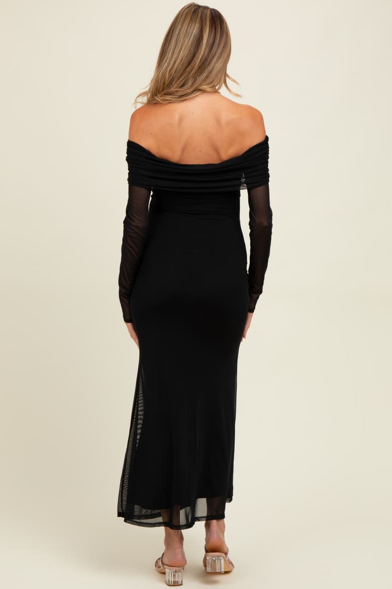 Mesh Overlay Off Shoulder Long Sleeve Midi Dress, Alternate, color, Black