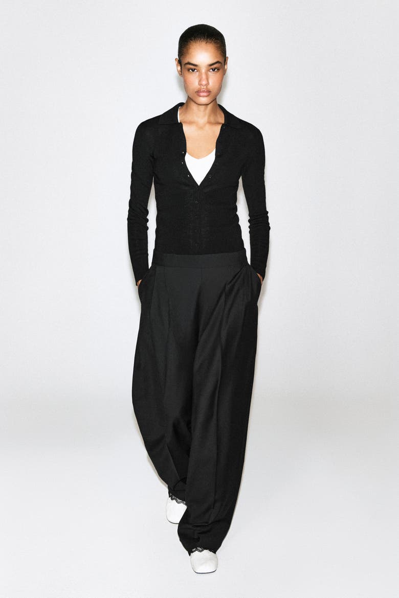 Lace-detail Wool Tapered Pants, Alternate, color, BLACK