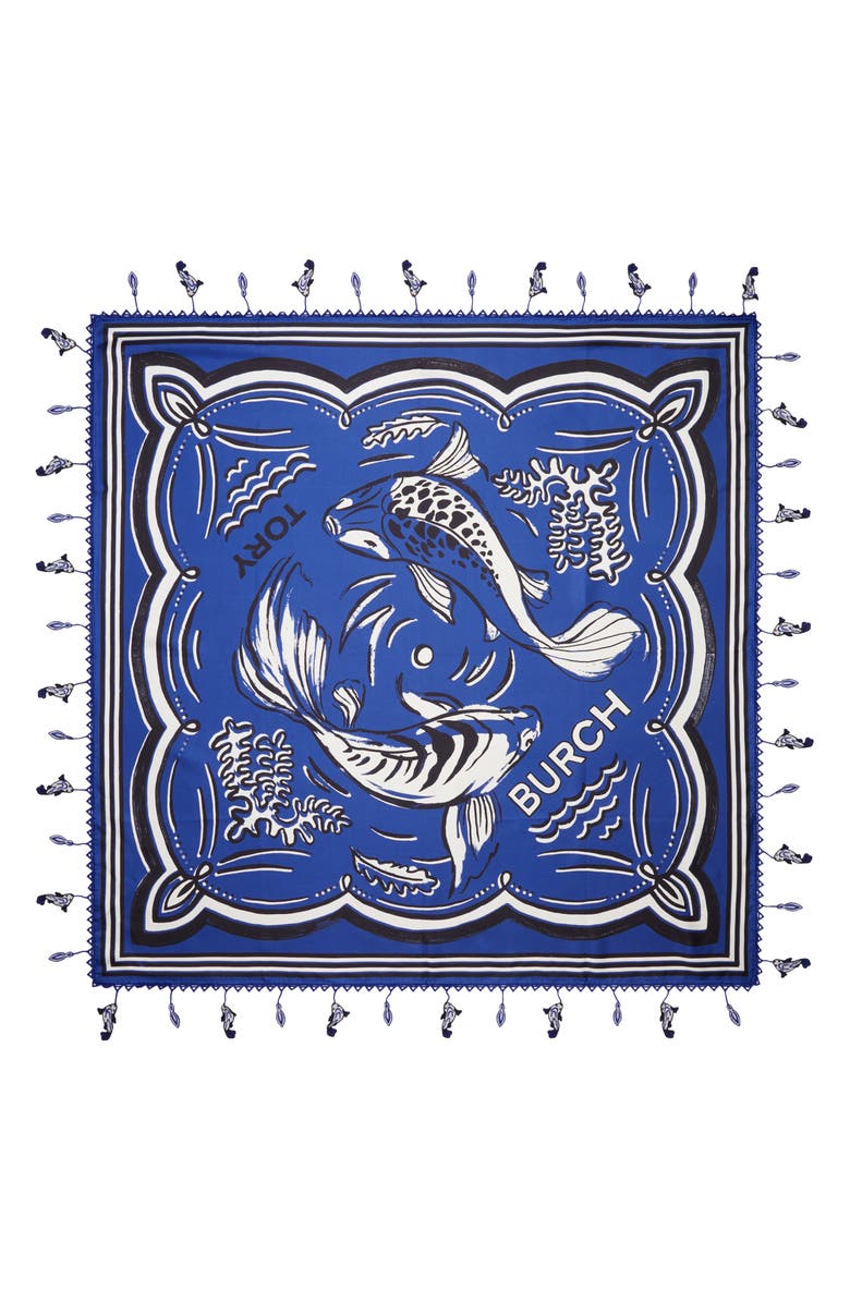 Tory Burch Fish Silk Square Scarf, Alternate, color, Fish Silk Square Blue