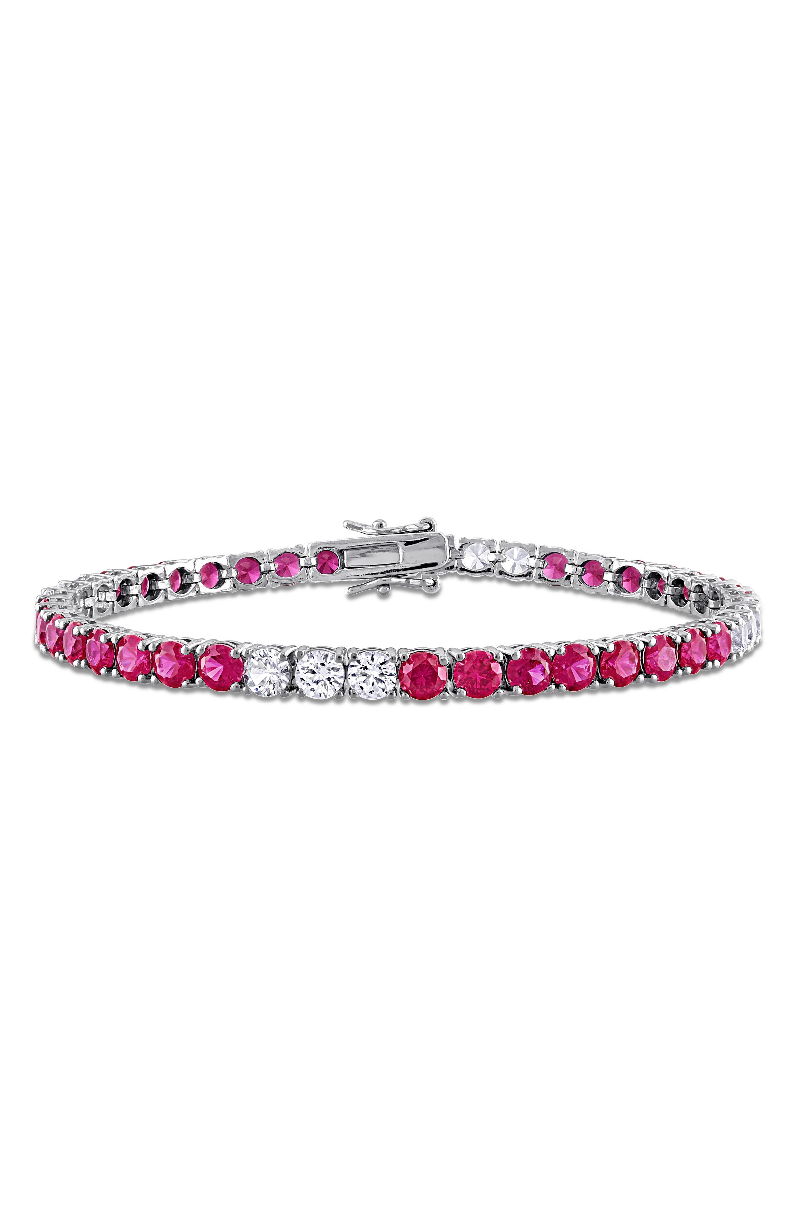 DELMAR Lab Created White Sapphire & Lab Created Ruby Tennis Bracelet