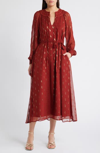 CIEBON CIEBON ELENA METALLIC FIL COUPÉ LONG SLEEVE MIDI DRESS