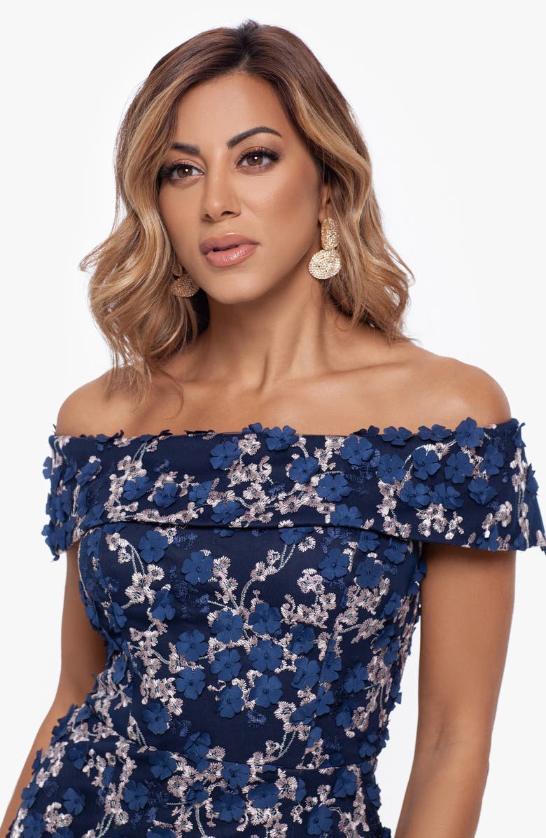 Xscape Evenings Xscape Raised Flower Off the Shoulder Flounce Midi Gown, Alternate, color,