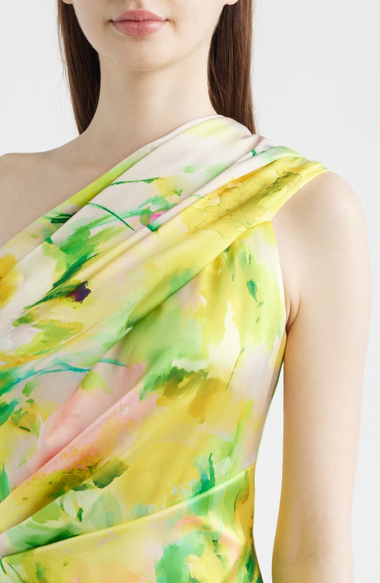 Eliza J Abstract Floral One-Shoulder Satin Cocktail Sheath Dress, Alternate, color, Yellow