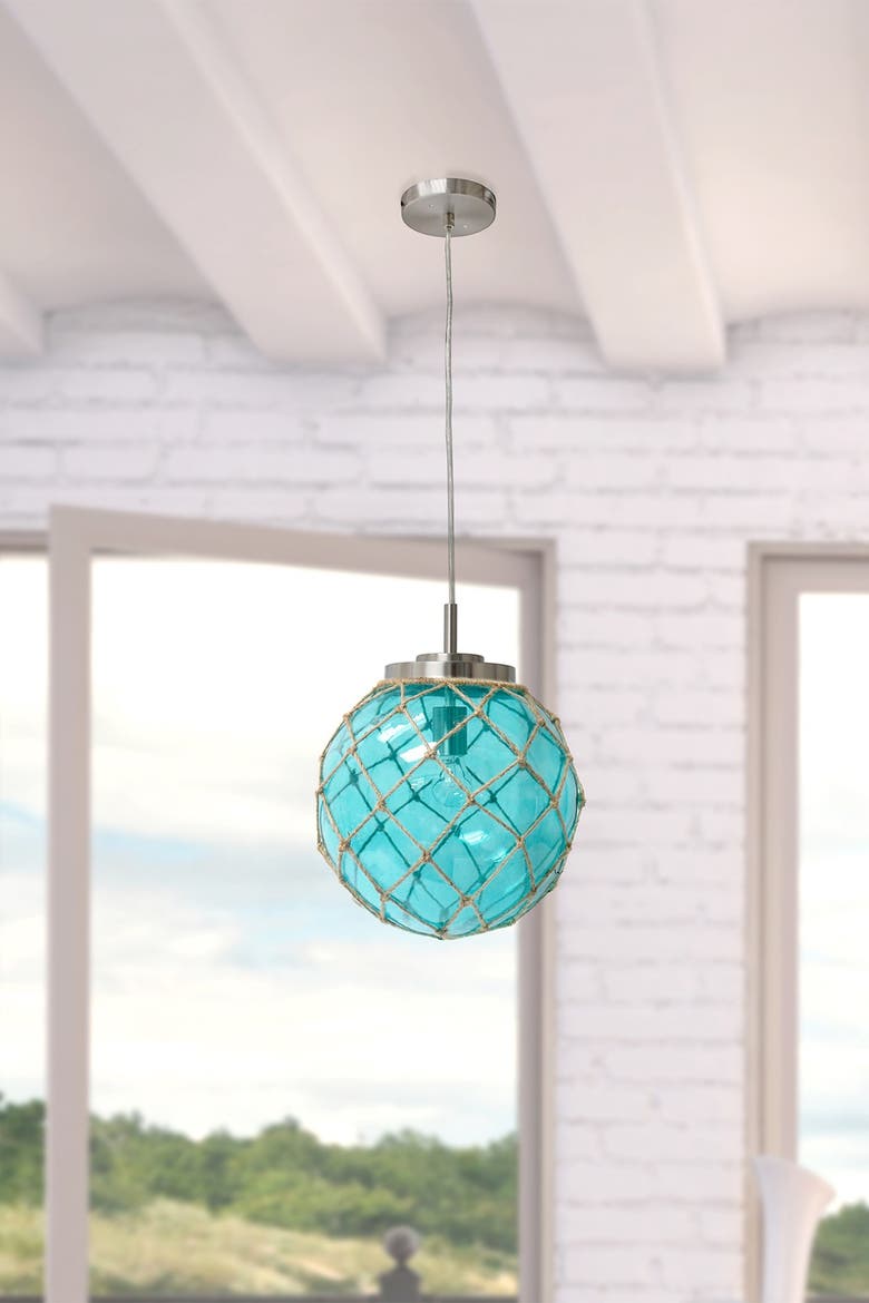 Buoy Netted Brushed Nickel Coastal Ocean Sea Glass Pendant with Natural Rope - Aqua, Main, color, AQUA