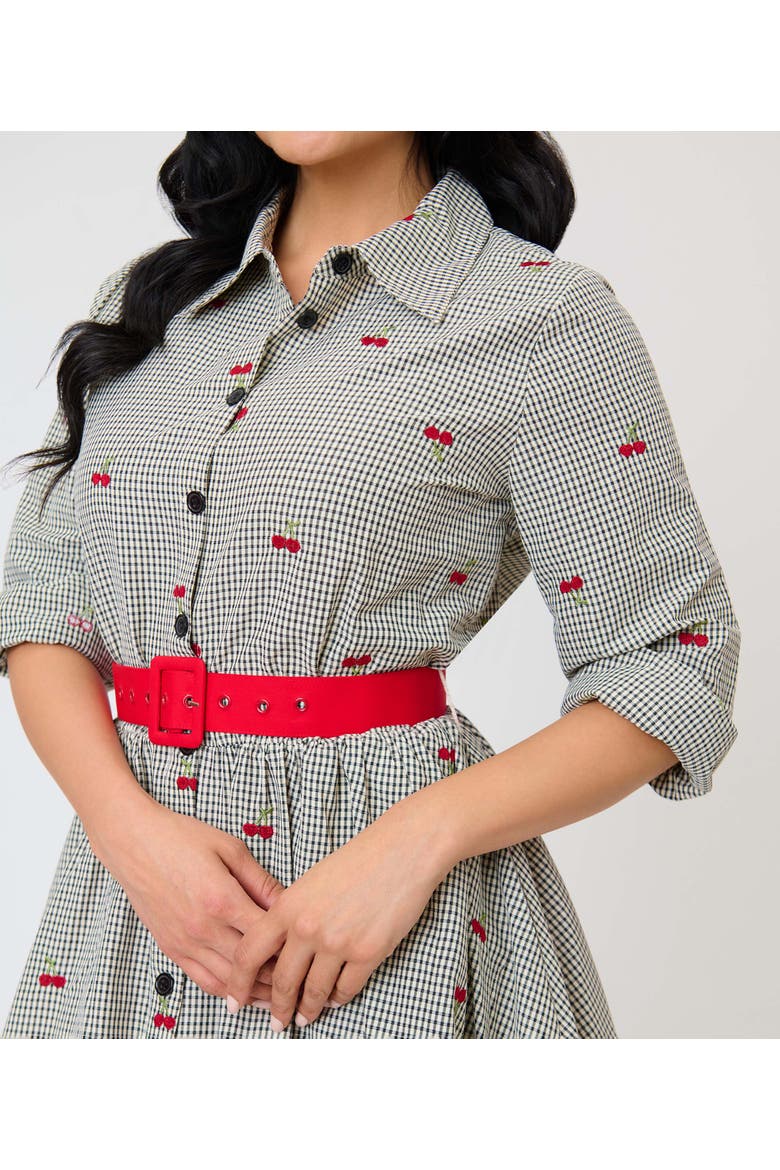Long Sleeve Belted Shirt Dress, Alternate, color, Grey Gingham Cherry Print
