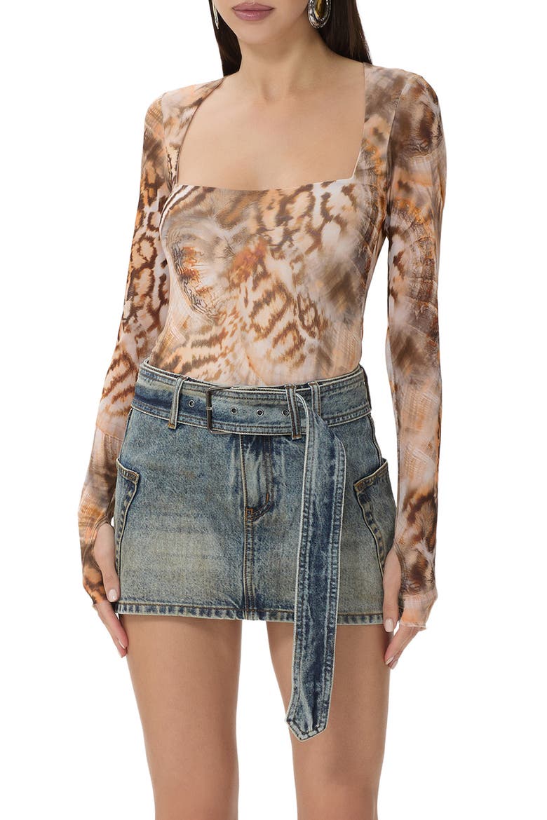 Ines Long Sleeve Abstract Print Mesh Top, Main, color, EMBER SWIRL SHELL