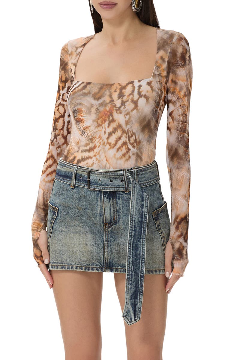 AFRM Ines Long Sleeve Abstract Print Mesh Top, Main, color, Ember Swirl Shell