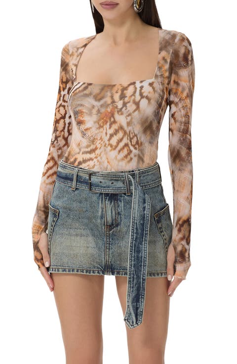 Ines Long Sleeve Abstract Print Mesh Top