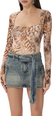 AFRM Ines Long Sleeve Abstract Print Mesh Top