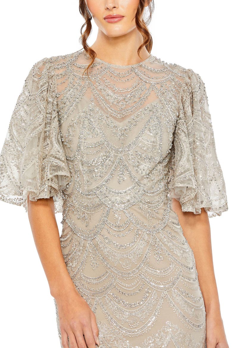 Flutter Sleeve High Neck Gown, Alternate, color, Taupe