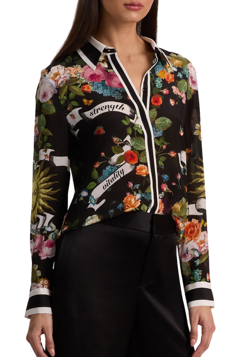 Willa Printed Silk Button-Up Shirt, Alternate, color, SOLAR STRENGTH BLACK