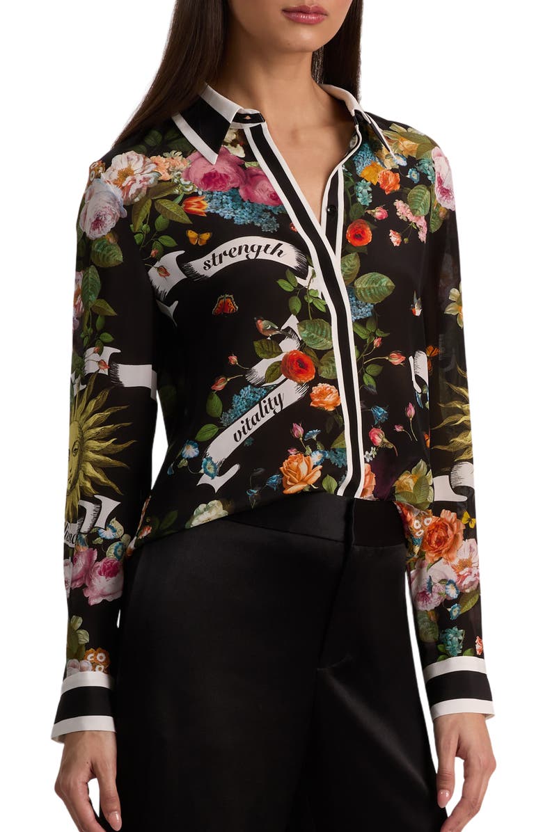 Alice + Olivia Willa Printed Silk Button-Up Shirt, Alternate, color, Solar Strength Black