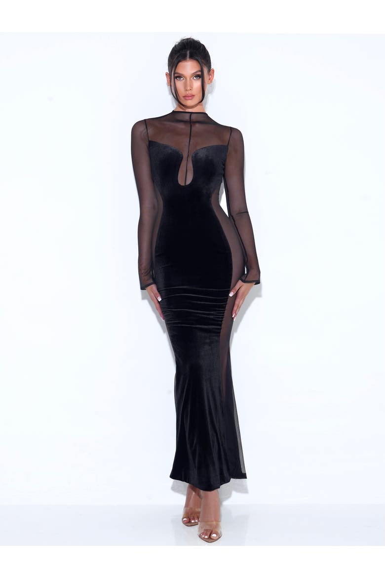 Paislee Velvet Mesh Long Sleeve Gown, Alternate, color, Black