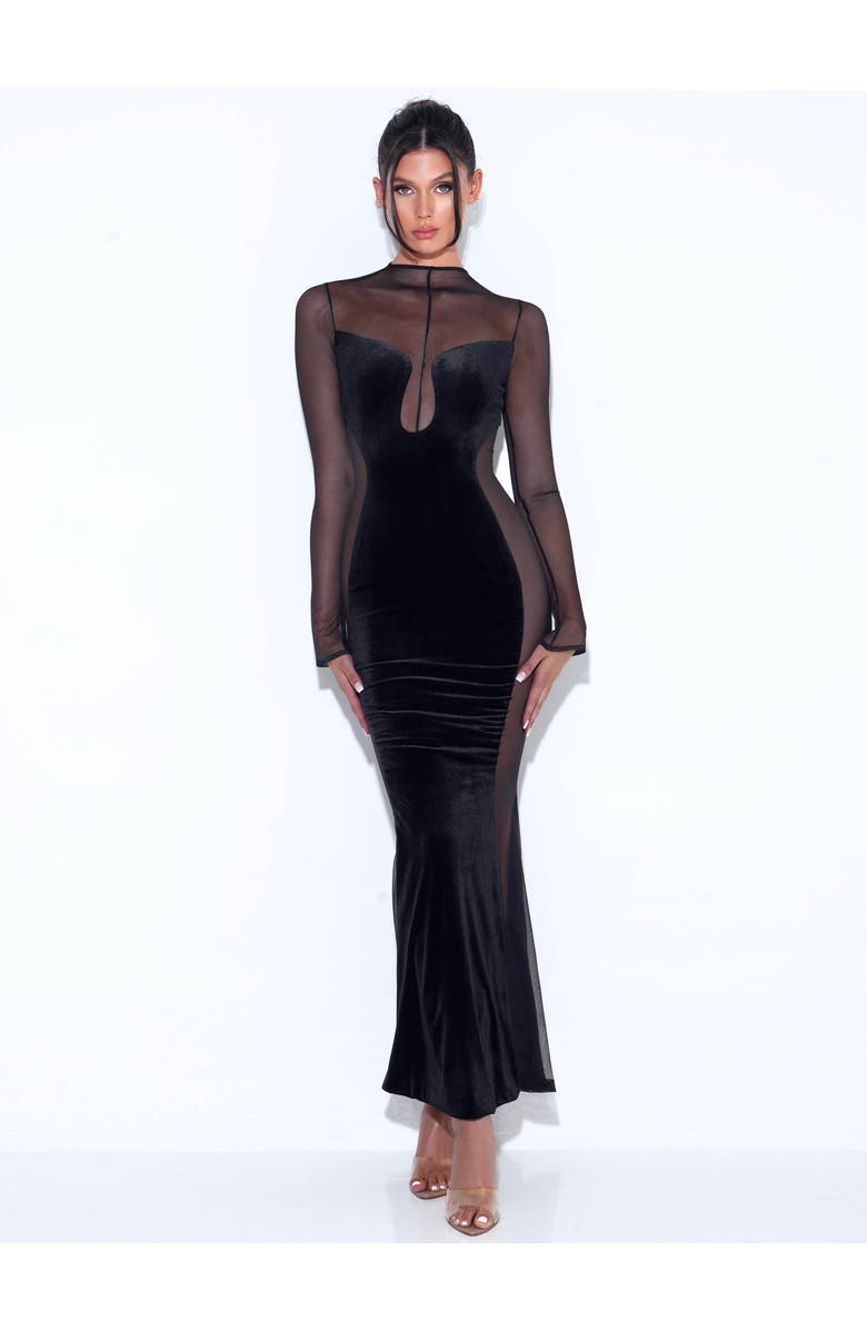 Miss Circle Paislee Velvet Mesh Long Sleeve Gown, Alternate, color, Black