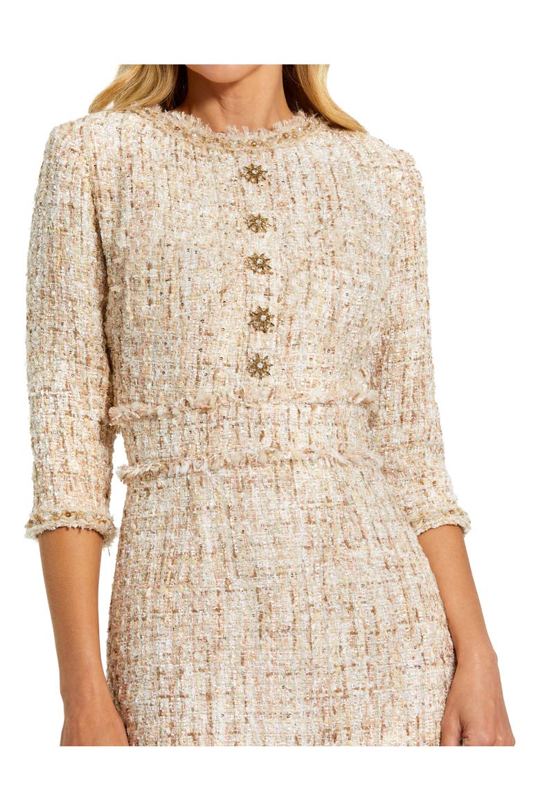 Petite Beaded Trim Boucle Midi Dress with 3/4 Sleeves, Alternate, color, Blush
