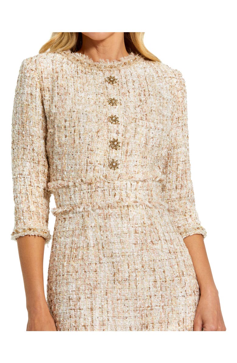 Mac Duggal Petite Beaded Trim Boucle Midi Dress with 3/4 Sleeves, Alternate, color, Blush