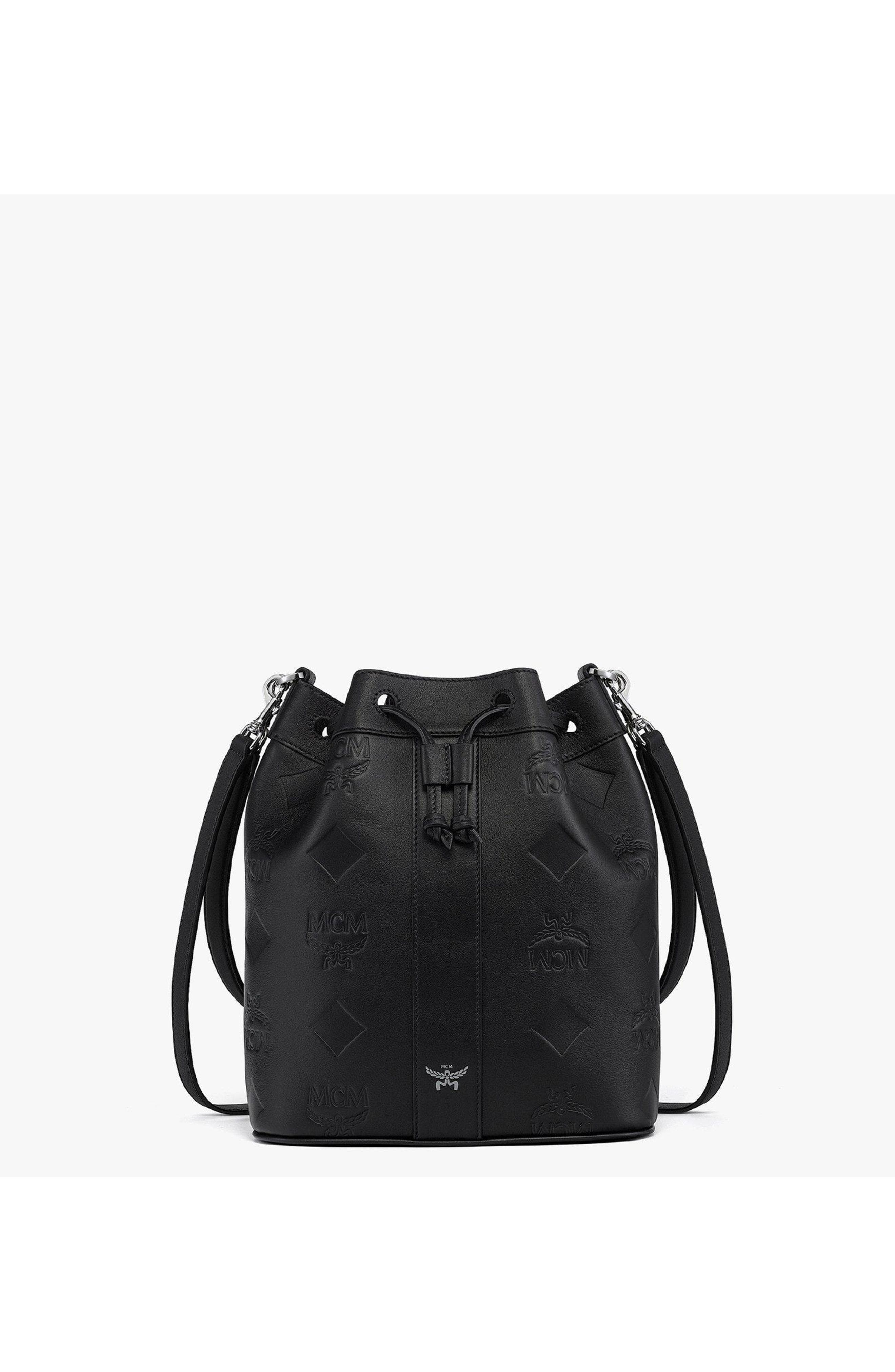 MCM Medium Dessau Drawstring Bag in Maxi Monogram Leather, Main, color, Black